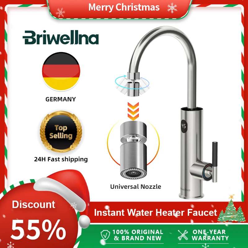 Briwellna Instant Hot Water Tap With Flexible Extender Nozzle 220V Electric Faucet Stainless Steel Heating Tap Geyser Faucet