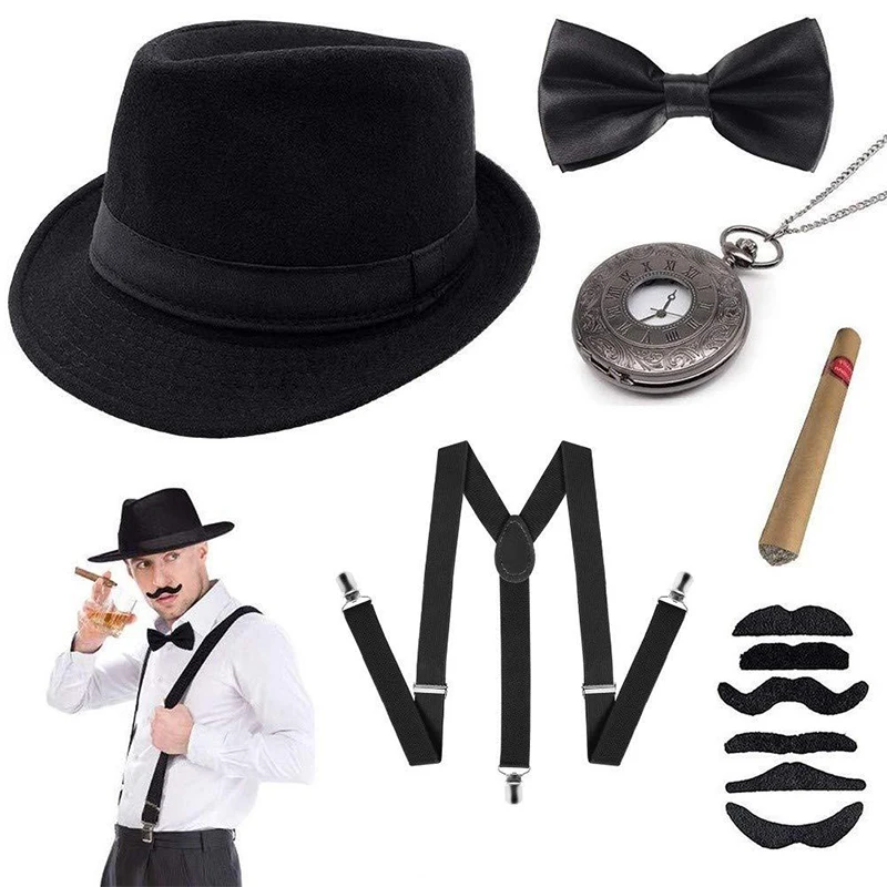 Halloween 1Set 1920's Cosplay Costume cappello tasca orologio cravatta baffi papillon Gatsby Masquerade accessori