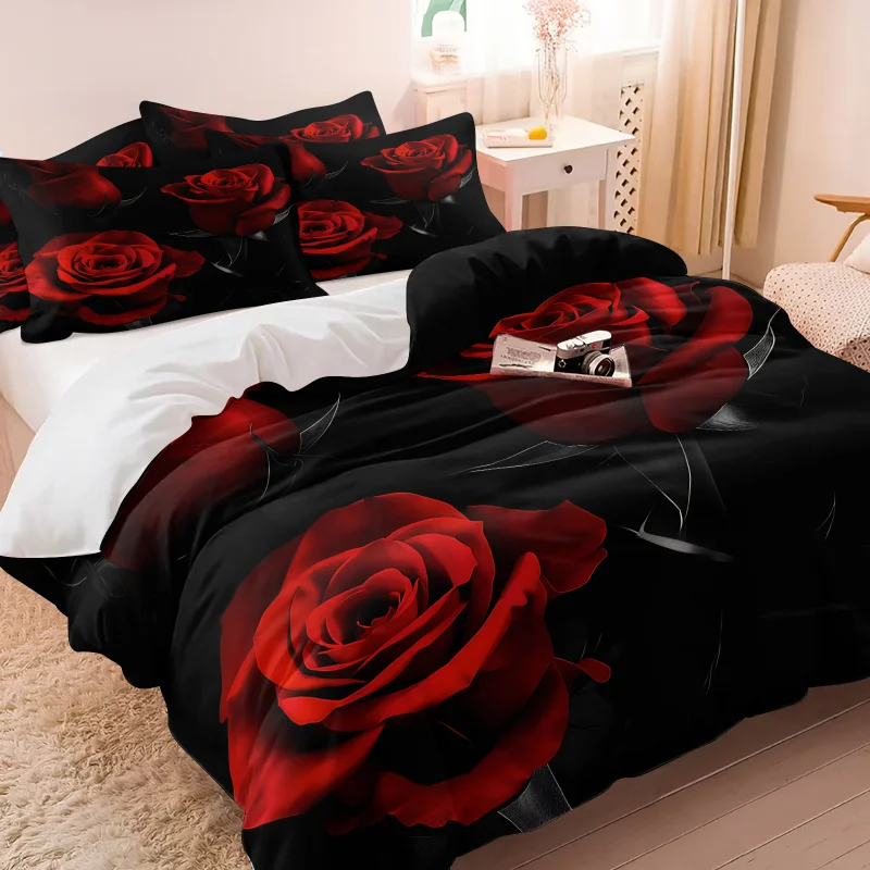 Red Rose Print Duvet Cover Set Black Background Floral Bedding Soft Gothic Romantic Bedroom Decor Twin Full Queen King
