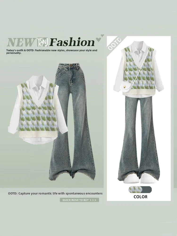 Spring Knitted Vest Women's Shirt Layering Micro Flared Jeans Three-piece Set  Korean Style Bird Pattern Slimming Effect