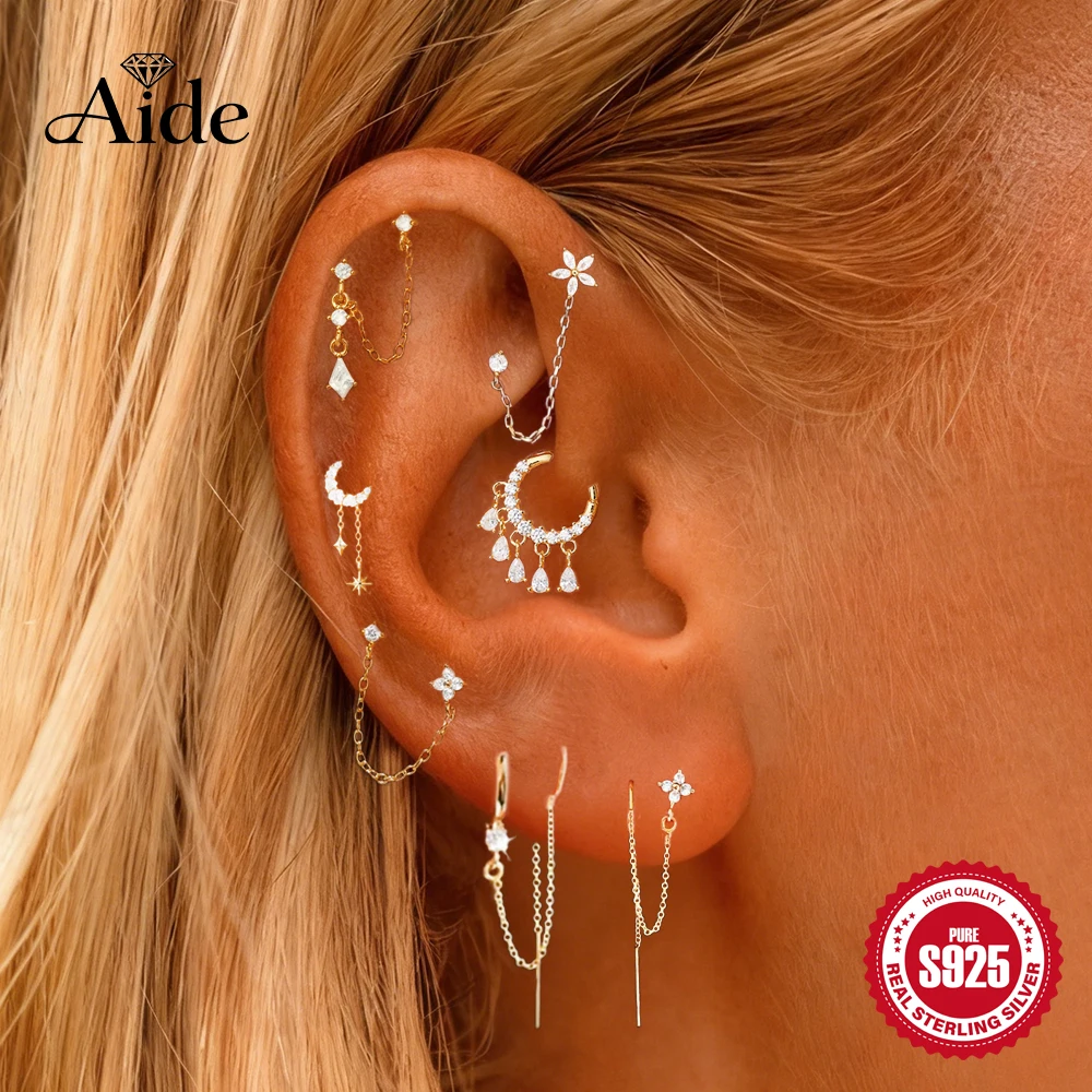 AIDE Single 925 Sterling Silver Ear Piercing Studs Long Chain Crystal Huggies Earrings for Women Female Trend Cartilage Brincos