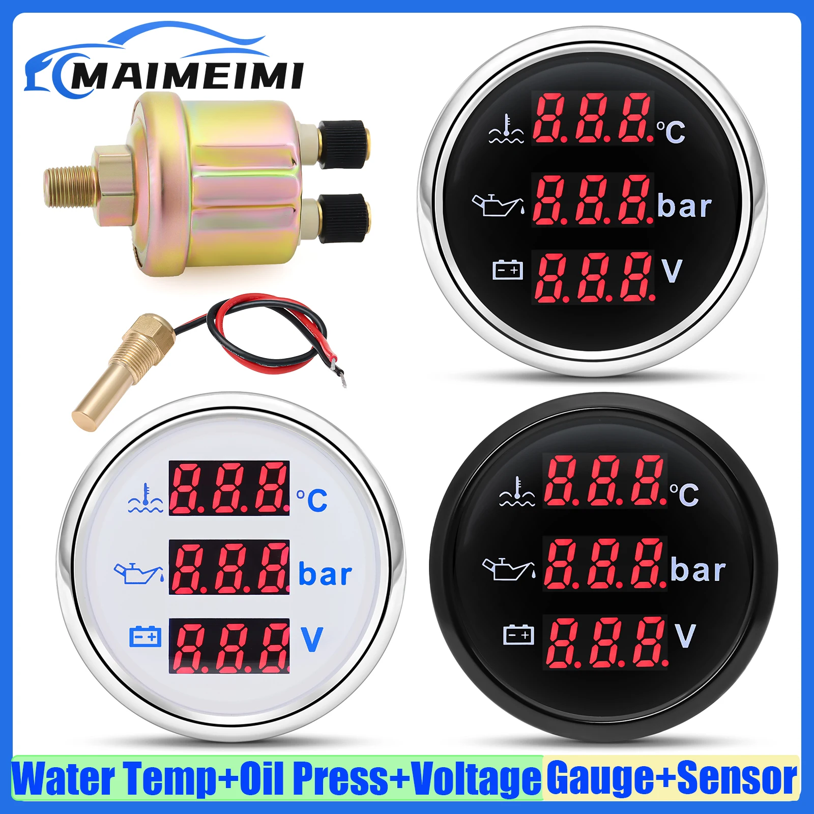 Auto Car 3 IN 1 52mm Gauge Water Temperature+Oil Pressure+Voltmeter with Alarm Red Light Digital Water Temp Gauge+Sensor 12V 24V