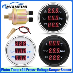 Auto Car 3 IN 1 52mm Gauge Water Temperature+Oil Pressure+Volt with Alarm Red LED Digital Water Temp Gauge+Sensor 12V24V Custom