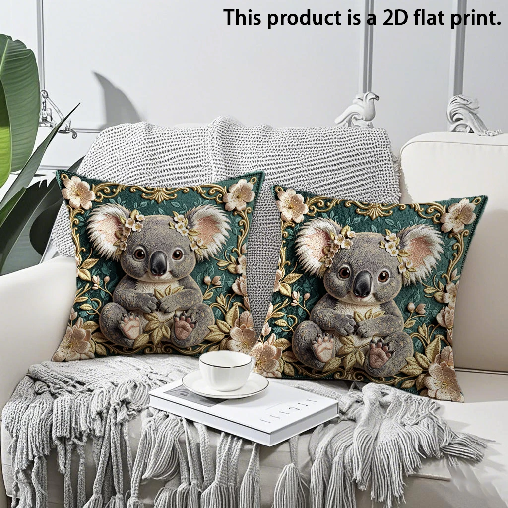 2pcs Vintage Floral Koala Throw Pillow Covers 2D Flat Print Decorative Cushion Cases for Sofa Bedroom Living Room Cushion cover