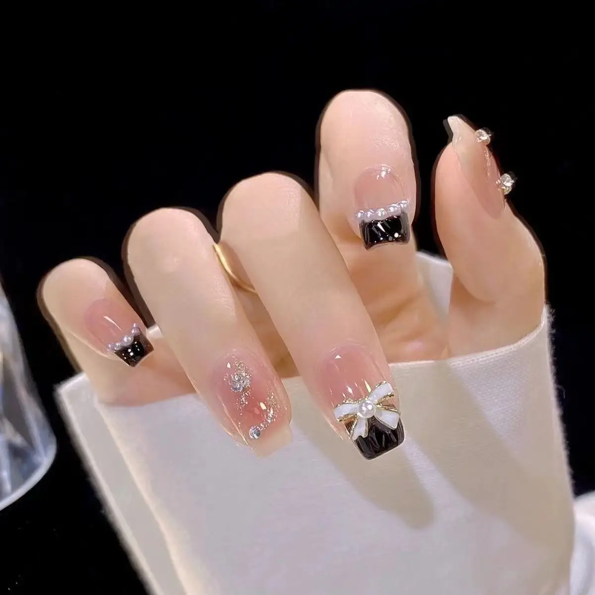 10Pcs Black Handmade Press on Nails French Ballerina Full Cover Bow Tie Cat Eye Design False Nails Wearable Manicure Nail Tips