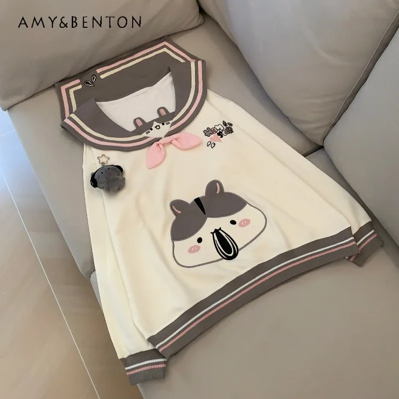 가을 일본식 패치워크 네이비 칼라 만화 자수 애니메이션 달콤한 긴 소매 스웨트셔츠 귀여운 다용도 데일리 루즈 후드티