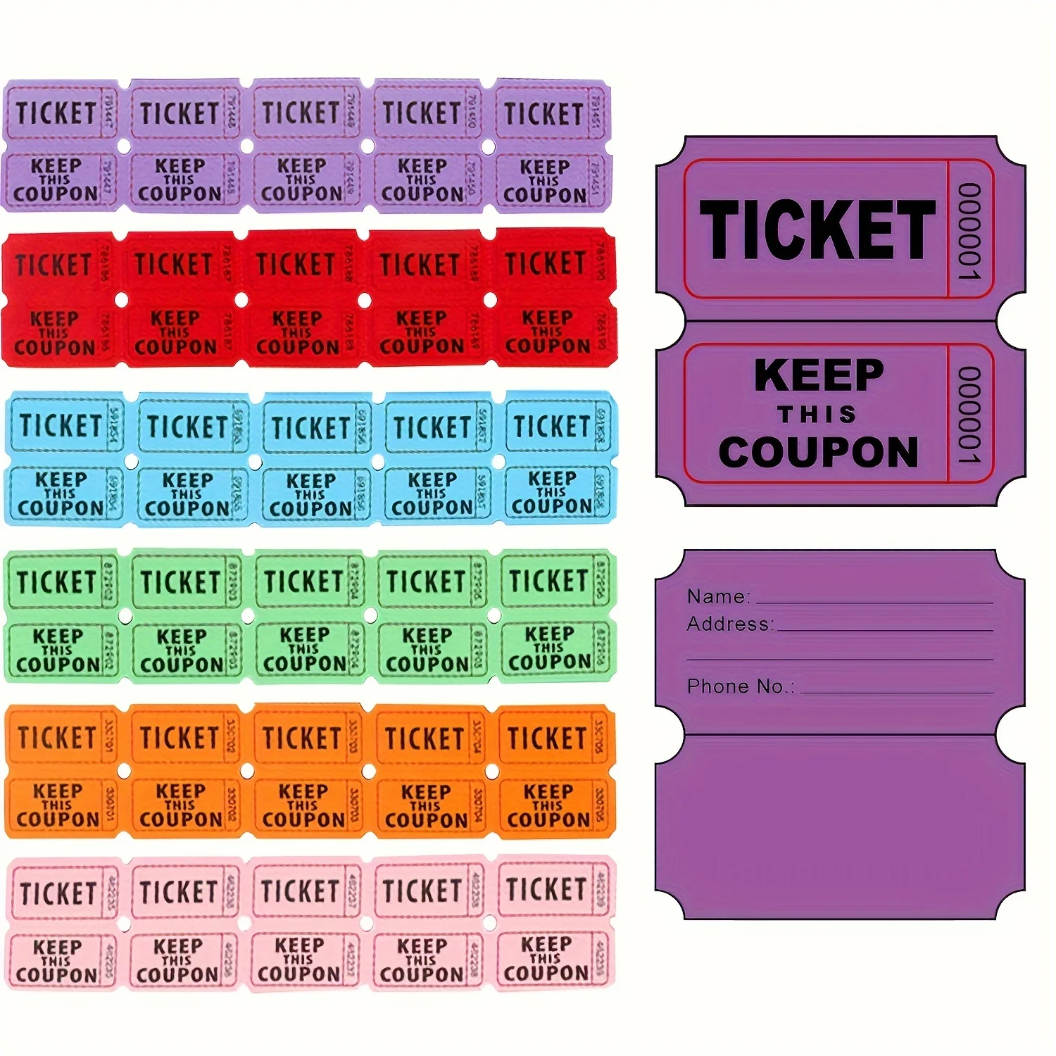 Boletos de Rifa Perforados, 2 Rollos, Carnaval, Sorteo, Numerados Secuencialmente, Multicolor, para Recaudación de Fondos, Festivales, Eventos, Premios