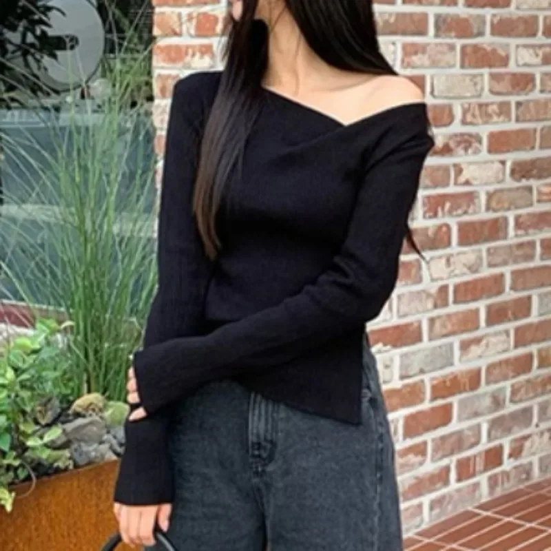 Slash Neck Off Shoulder Ropa Mujer Long Sleeve Roupas Feminina 2024 Autumn Woman Outerwears Korean Chic New Tops Simple Sweater