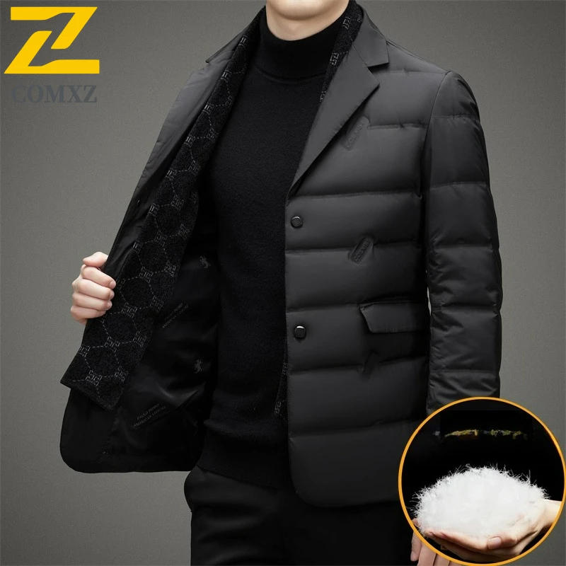 COMXZ Luxury Brand Mens Down Jacket Premium Suit Collar Outdoor Office Lightweight Puffer Coat Business Casual Warm Winter Coats