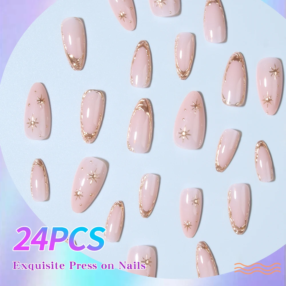 24 strisce per unghie in gel 3D a forma di mandorla per migliorare il senso della tua moda. Design con punta francese, vestibilità media, adesione perfetta. Impostare Inclu