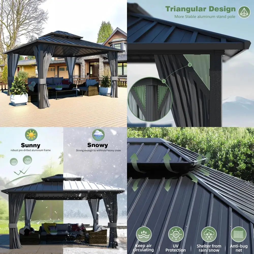 

12x12 ft hardtop gazebo canopy with double galvanized steel roof, permanent outdoor pavilion with curtain & mesh netting for pat