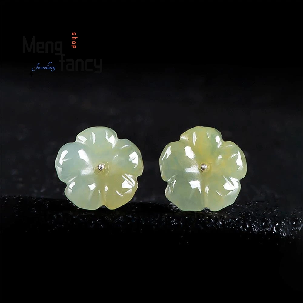 

Natural A-goods Jadeite Yellow Jadeite Peach Blossom Mandarin Icy Jade Petals S925 Silver Inlaid Ancient Style Women's Earrings