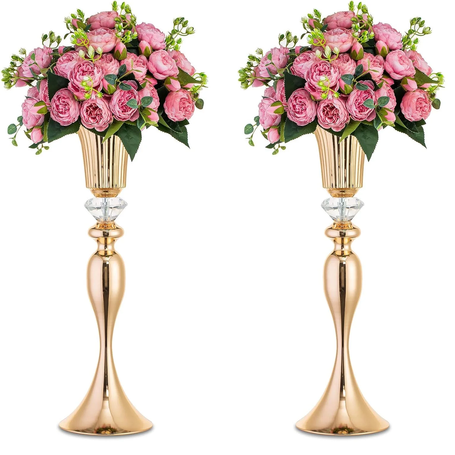 2/10 Pcs Vase for Wedding Centerpieces, Metal Flower Trumpet Vase with Crystal Bead, Flower Vases for Table Party Home Decor