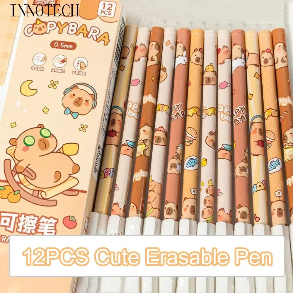 

12 шт., стираемая ручка с милой капибарой, кавайная стираемая ручка с синими чернилами и пандой, 0,5 мм, эстетичная студенческая гелевая ручка, письменные принадлежности