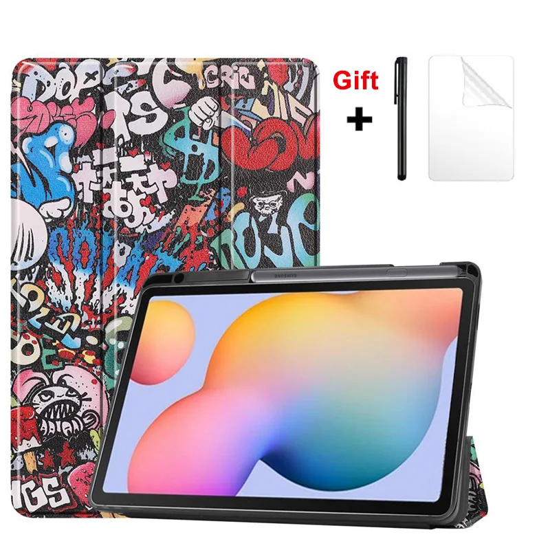 For Samsung Galaxy Tab S6 Lite 10.4 SM-P610 SM-P615 Case Tri-Fold PU Leather Stand Cover Shock Proof Tablet Shell +film Pen