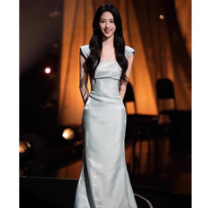 

Blue New Chinese Style Dress Women Evening Party Gown Satin Mermaid Dress Lady Elegant Formal Party Cheongsam Strapless Vestidos