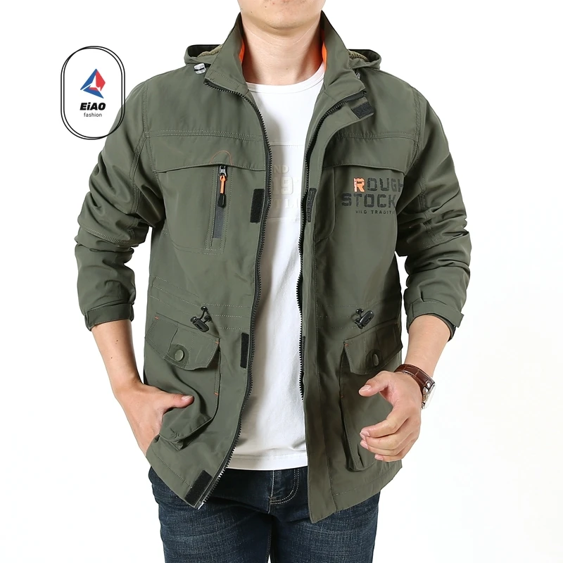 

Весенне-осенняя мужская куртка, модная спортивная моющаяся ветровка, устойчивая к морщинам, съемная шапка для кемпинга, дышащее пальто