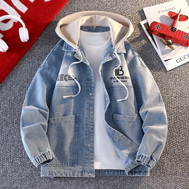

Autumn and Spring Style Trend Print Retro Sports Hooded Denim Jacket Men's Casual Loose Comfortable Plus Size High-End Outerwear