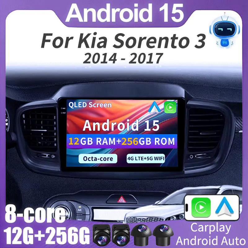 

For Kia Sorento 3 2014 - 2017 LHD Android 15 2K QLED Android Car Radio Multimedia Video Player GPS Stereo CarPlay 4G Head Unit