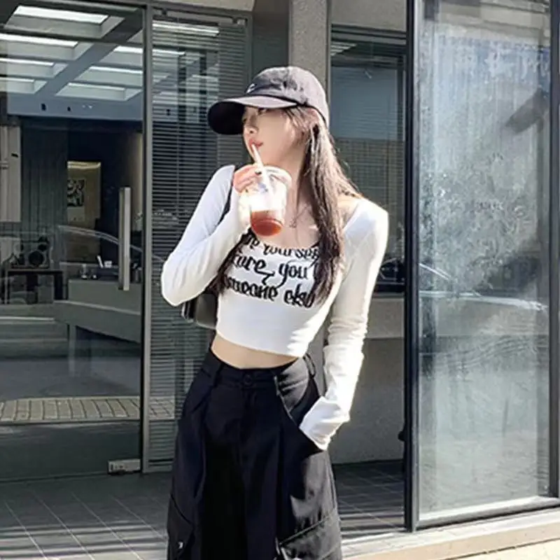 Y2k Aesthetics Clothing Harajuku Streetwear Cropped Tops 2 Pieces Long Sleeve T-shirt Camisole Women Tees Slim Sexy Letter Print