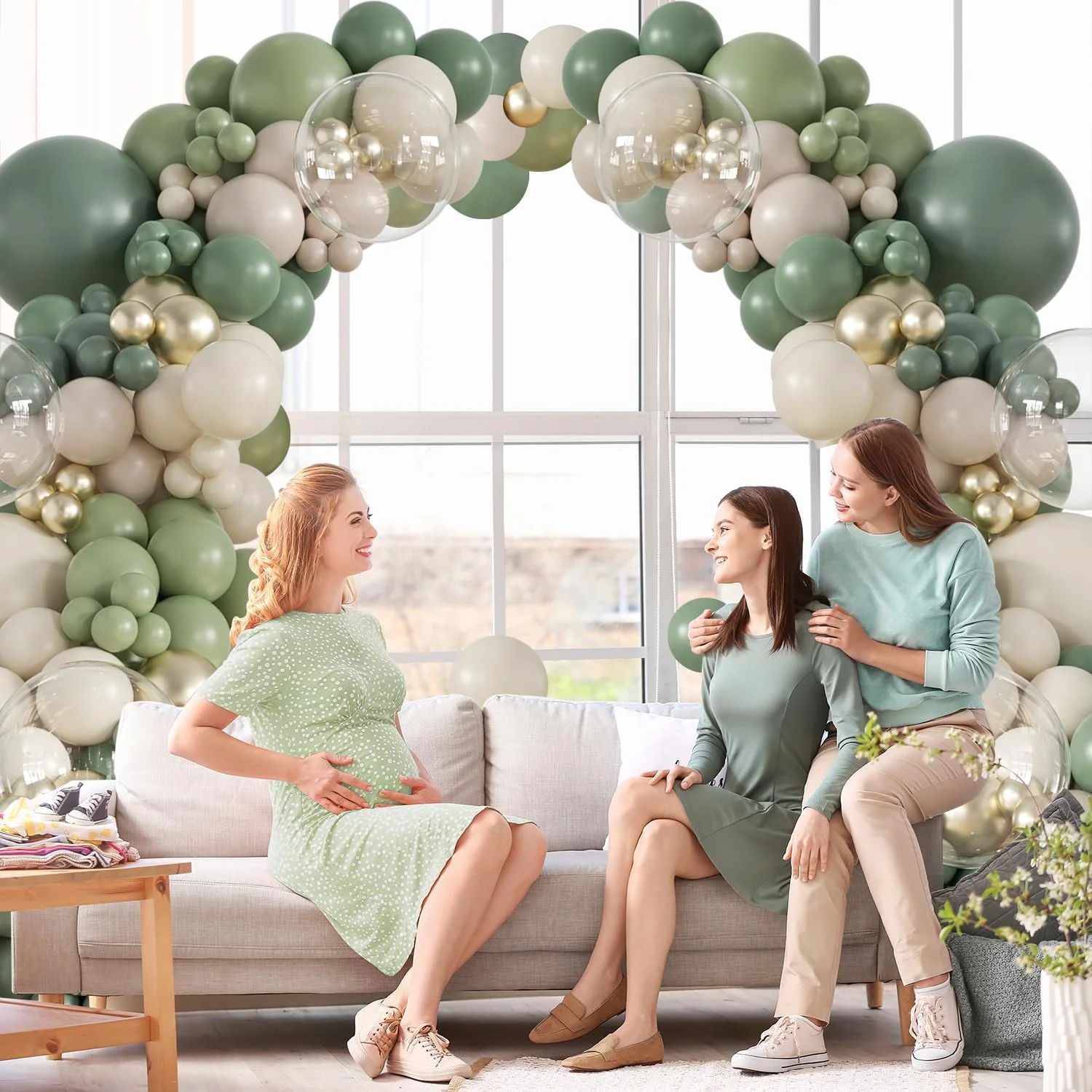 Sage Green Gold White Clear Balloon Arch Kit Sage Light Sand Latex Balloons Wedding Engagement Bridal Baby Shower Birthday Anniv view 2