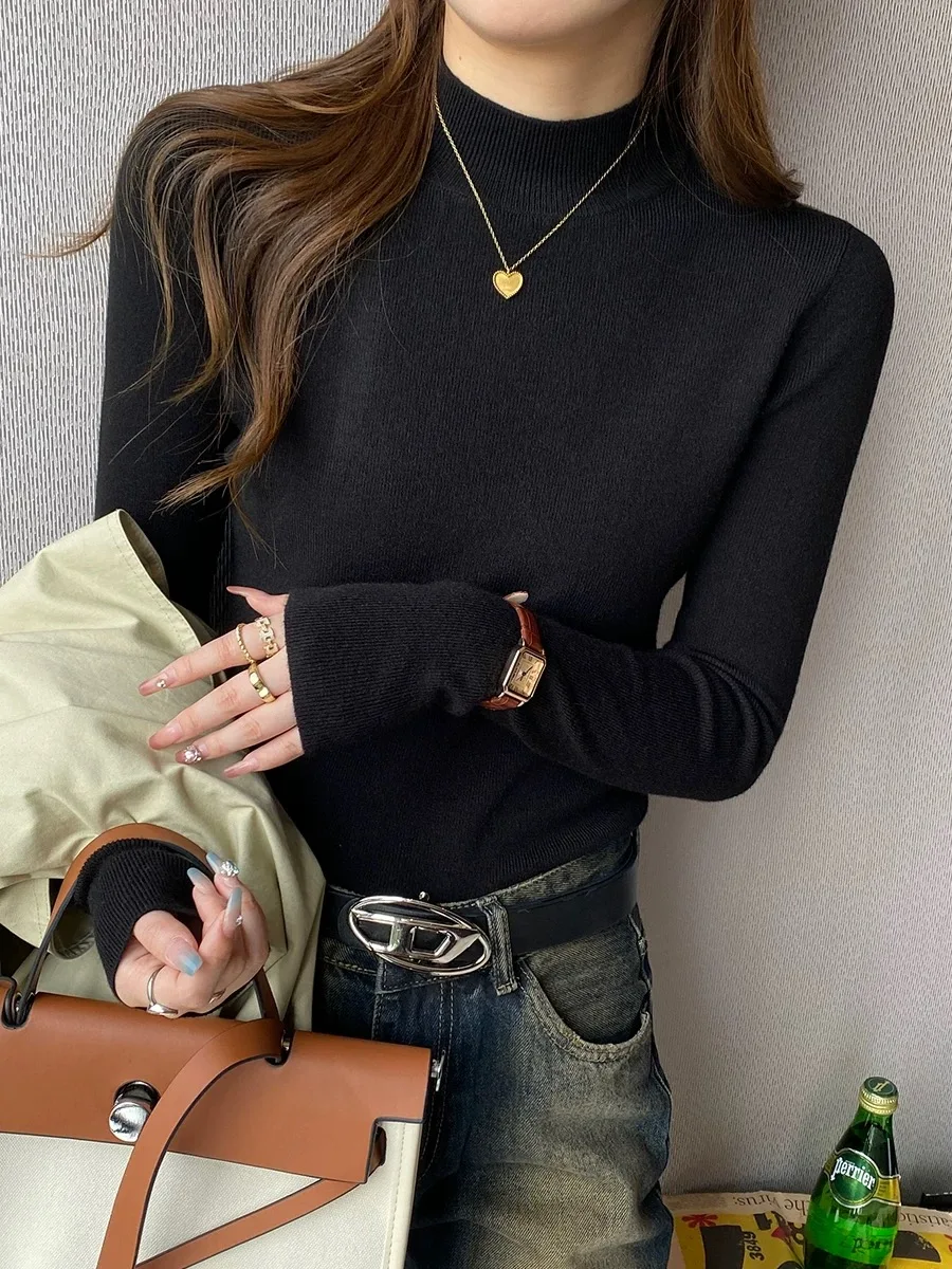 Suéter feminino de malha macia com gola alta, slim fit, manga comprida, camada base, estilo preguiçoso, outono inverno, camisa casual de gola alta