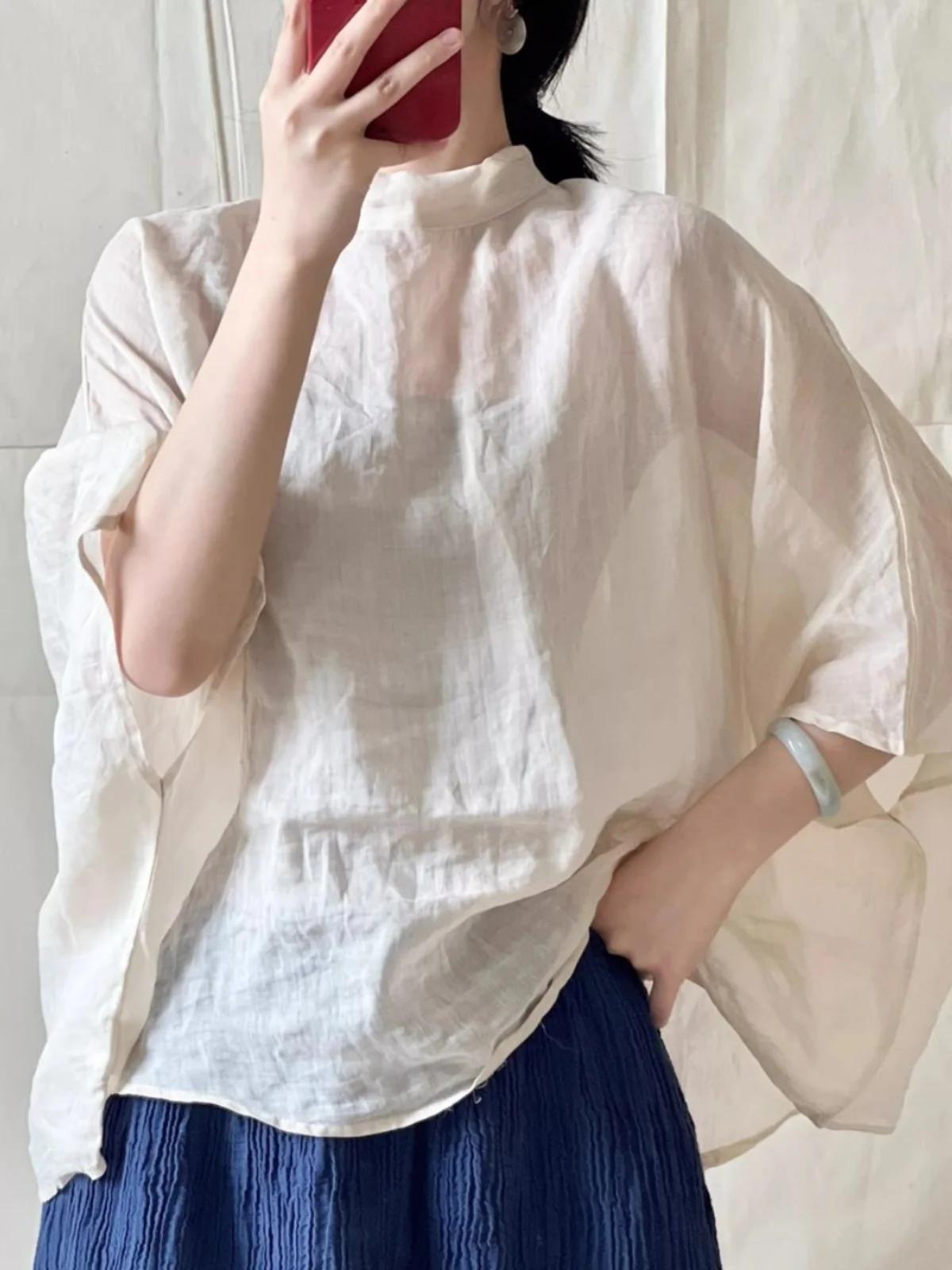 

Элитная женская летняя блузка из льна 2025 года, новая, свободного кроя, для защиты от солнца, с рукавами «летучая мышь», повседневная