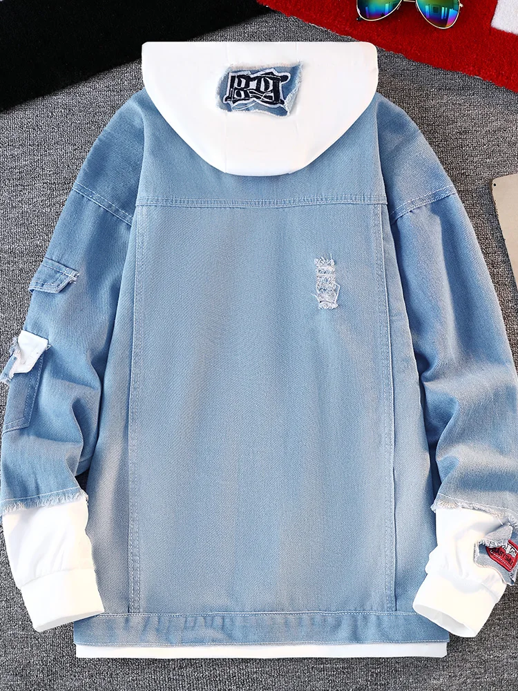 

Spring Autumn Men's Denim Jaet Baseball Sle Casual Hoodie Coat Trendy Brand Youth ular Water Waed Loose Fit Outerwear