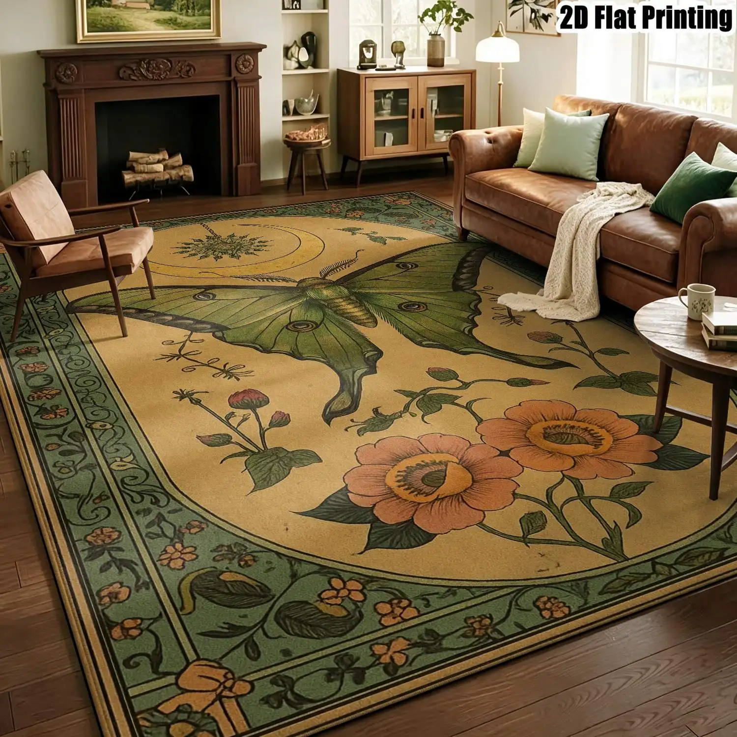 1Pc 2D Printed Carpet: Retro Green Butterfly & Flower Pattern, European/Bohemian/Geometric Style, Home Decor, Multi-Size, Machine Washable, Suitable for Entrance, Dining, Foyer, Bedroom, Living Room