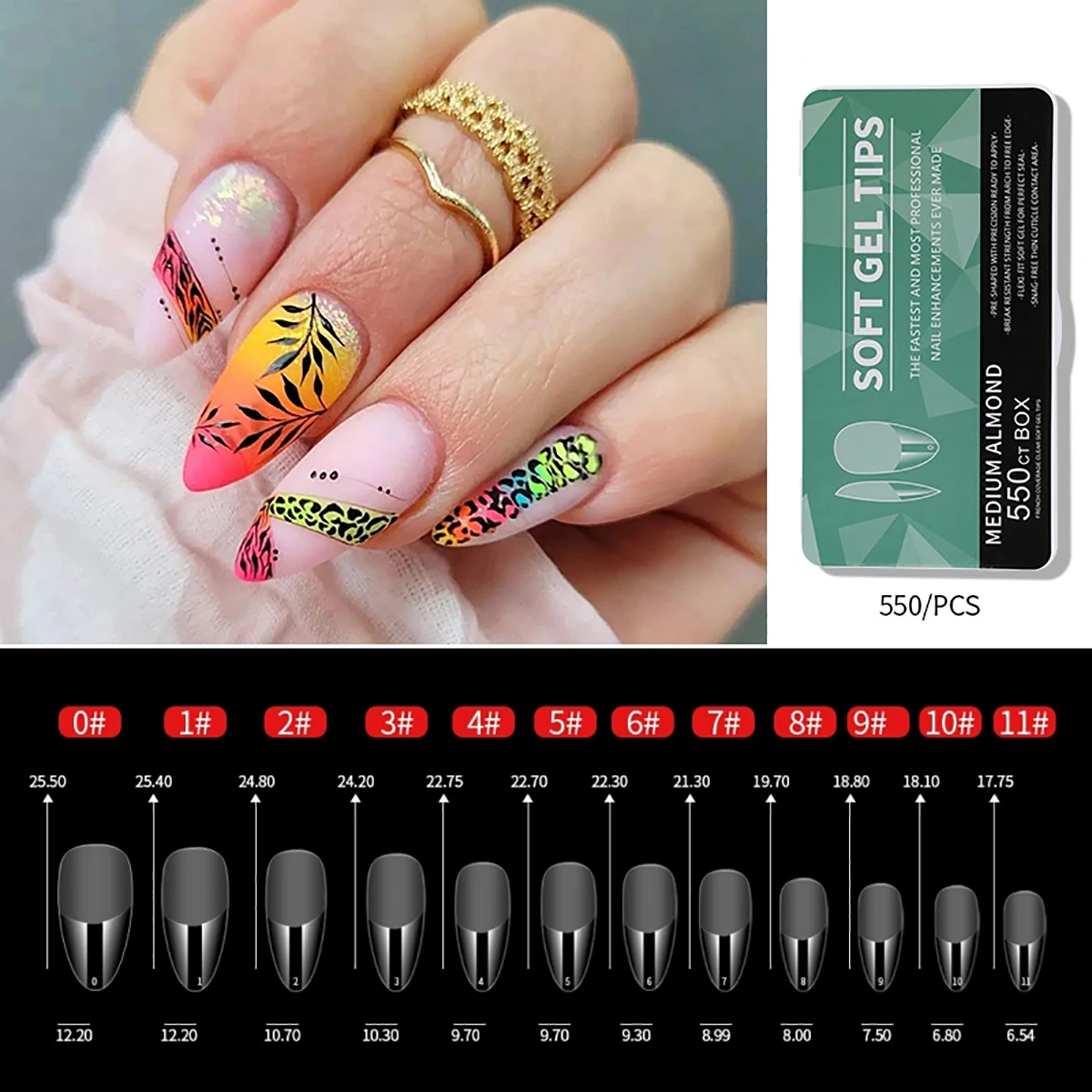 550 Stück Sargförmige Mandel-Soft-Gel-Nagelspitzen, künstliche halbe Abdeckung zum Aufdrücken, Acrylnägel in 11 Größen, künstliche Nägel, DIY-Maniküre-Verlängerungswerkzeuge – Detail 6