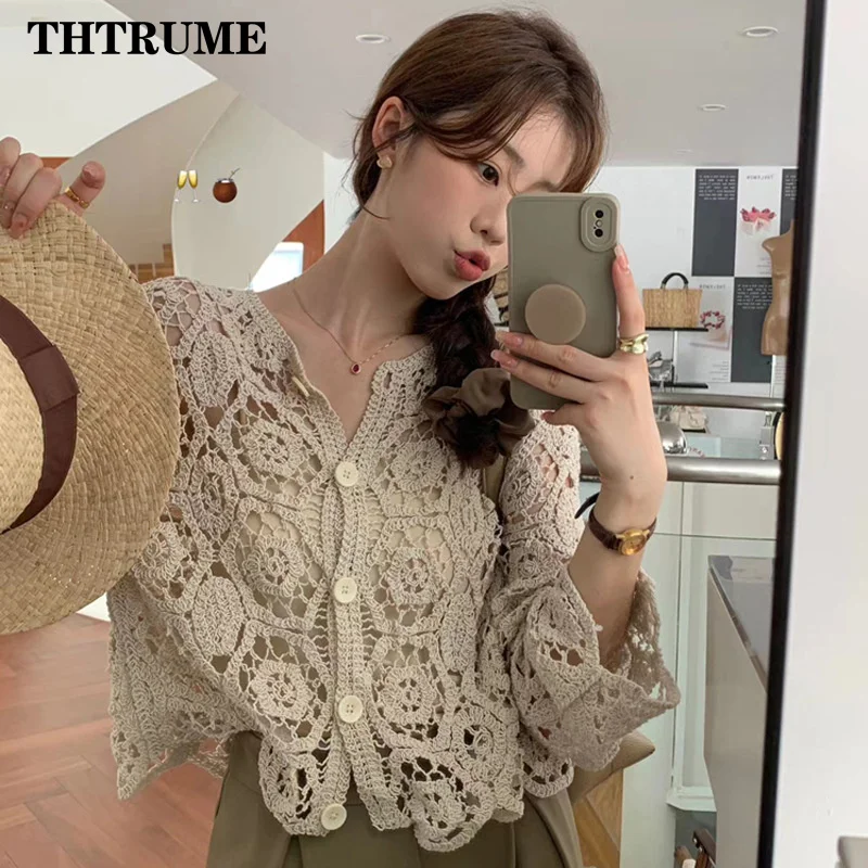 Lace Sexy Shawl Women Sweater Fashion Autumn Winter Round Neck Long Sleeve Vintage Jumper Casual Office Lady Versatile Cardigan