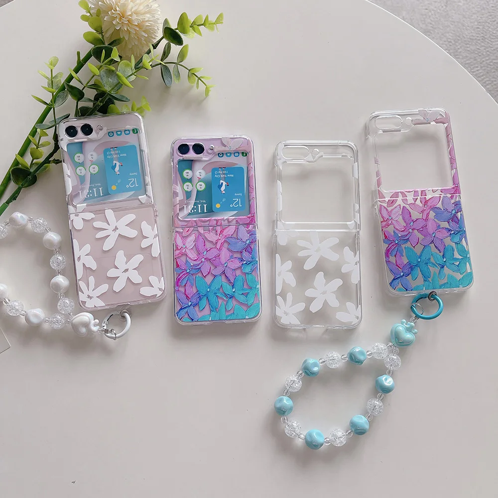 

For Samsung Galaxy Z Flip 6 5 4 3 Case Flower Pattern Transparent Optional with Bracelet Shockproof Protection Cover Accessories