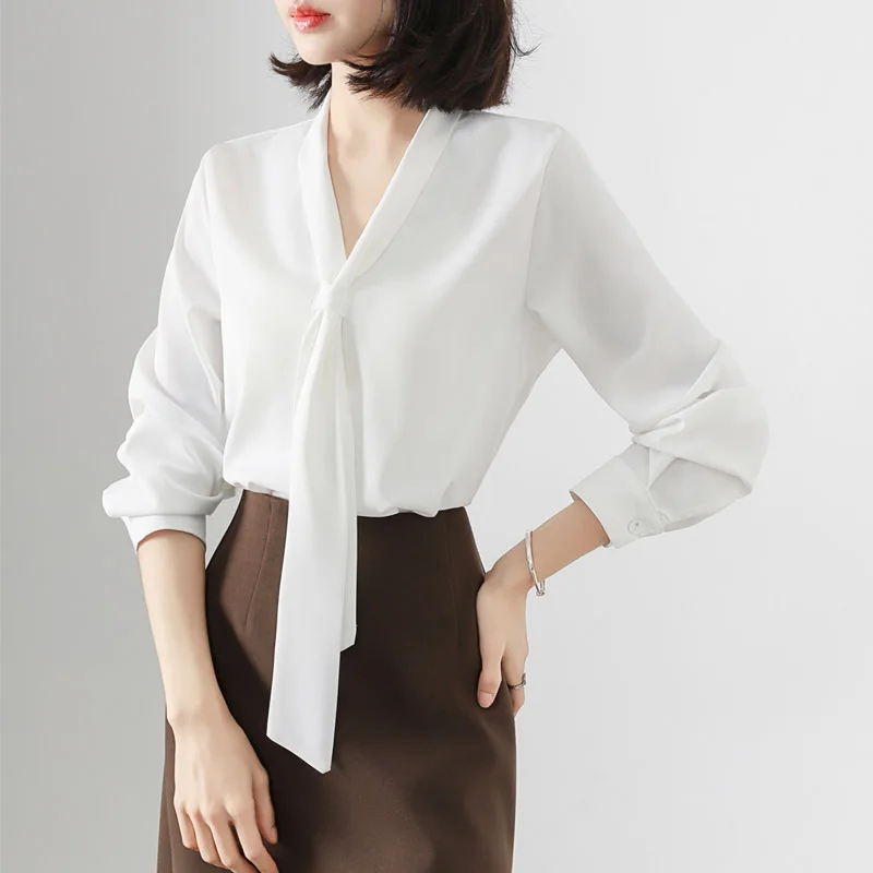 2025 Spring/Summer Office Ladies Work White Shirt Women Elegant V-neck Bow Long Sleeve Top Basic Shirt High Quality