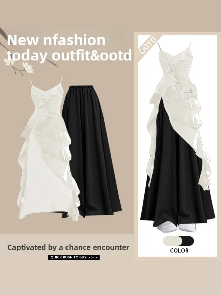 

Sweet And Spicy Style Irregular Fashion Strap Dress Two-Piece Set with Slimming Pants V-Neck Polyester Fiber Ensemble