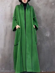 Vefadisa 2024 AutumnWinter New Green Women Wool Coat Stand Collar Batwing Sleeve Long Coat Simple Fashion All-match Coat ZXY854A