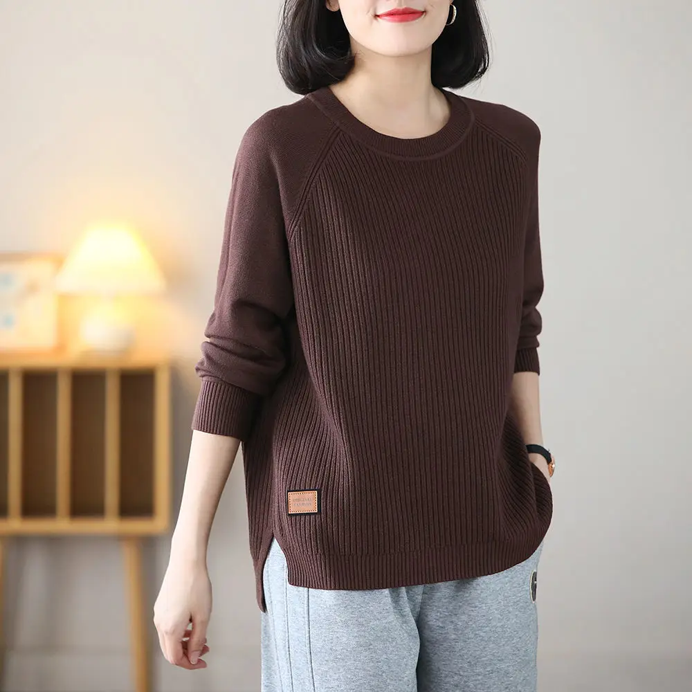 Autumn Winter Women New Sweater Solid Loose Korean Casual Simple Fashion Versatile Split Long Sleeve Basic Knitted Pullovers Top