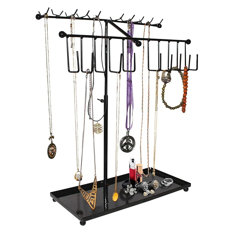 Jewellery Stand - Metal Display Stand With 30 Hooks And Bottom Tray Storage For Necklace, Bangles, Bracelet, Watches