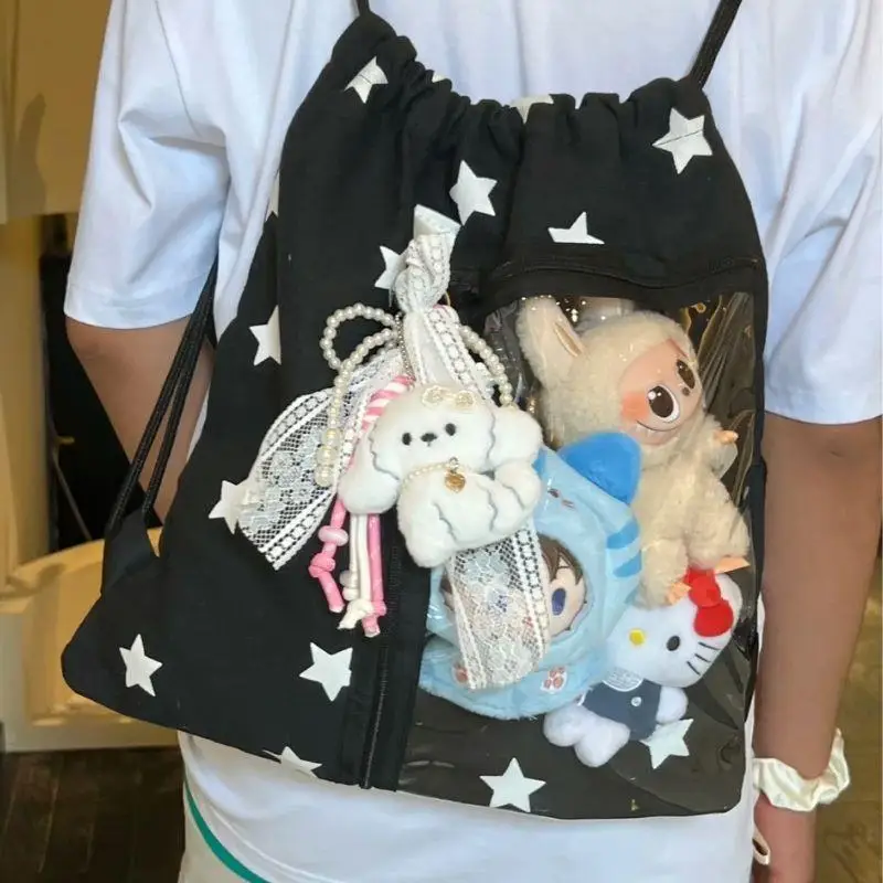 

Travel Girls Drawstring Backpacks Y2K Star Printed Drawstring Backpack Korean Transparent Pocket Bag Student Bags Schoolbag