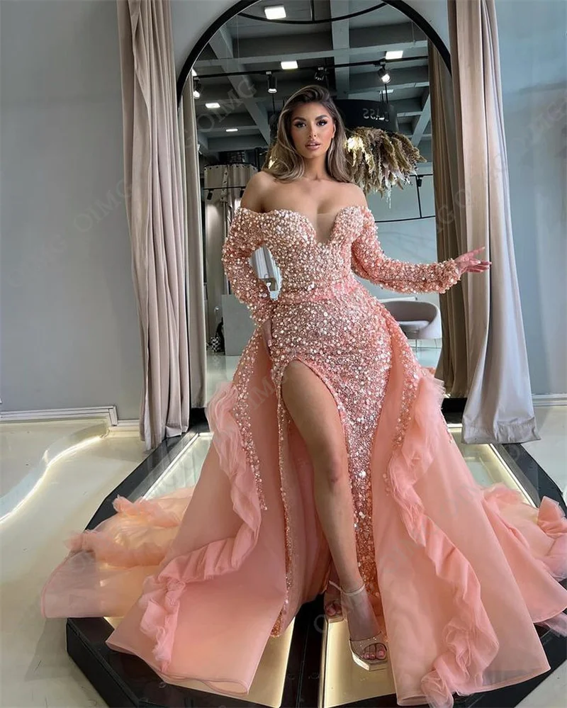 Sparkly Sequin Pink Mermaid Evening Dresses Off Shoulder Long Sleeves Applique Arabic Women Formal Plus Size Prom Gowns Custom