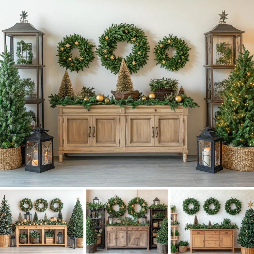 Farmhouse Christmas Photography Backdrop Light Wood Cabinet Pine Wreath Lantern Green Xmas Tree Portrait Shoot Background