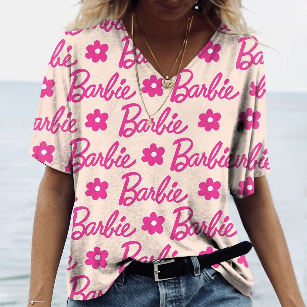 Camiseta 3D estampada da Barbie feminina, camiseta kawaii com decote v, Tops grandes, camiseta verão, rosa, moda, roupas femininas, 2022