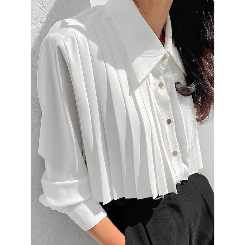

Tinaa Women's White Layered Pleated Shirt Straight Officewear Lapel Long Sleeve Spliced Single Breasted Casual Blouses 173762