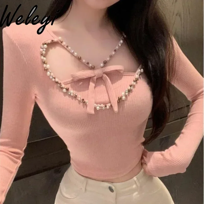 

Sexy Sweet Love Pearl Hollow-out Pearl T-shirt Female 2024 Fall New Advanced Pink Long Sleeve Slim Fit Bottoming Top T Shirts