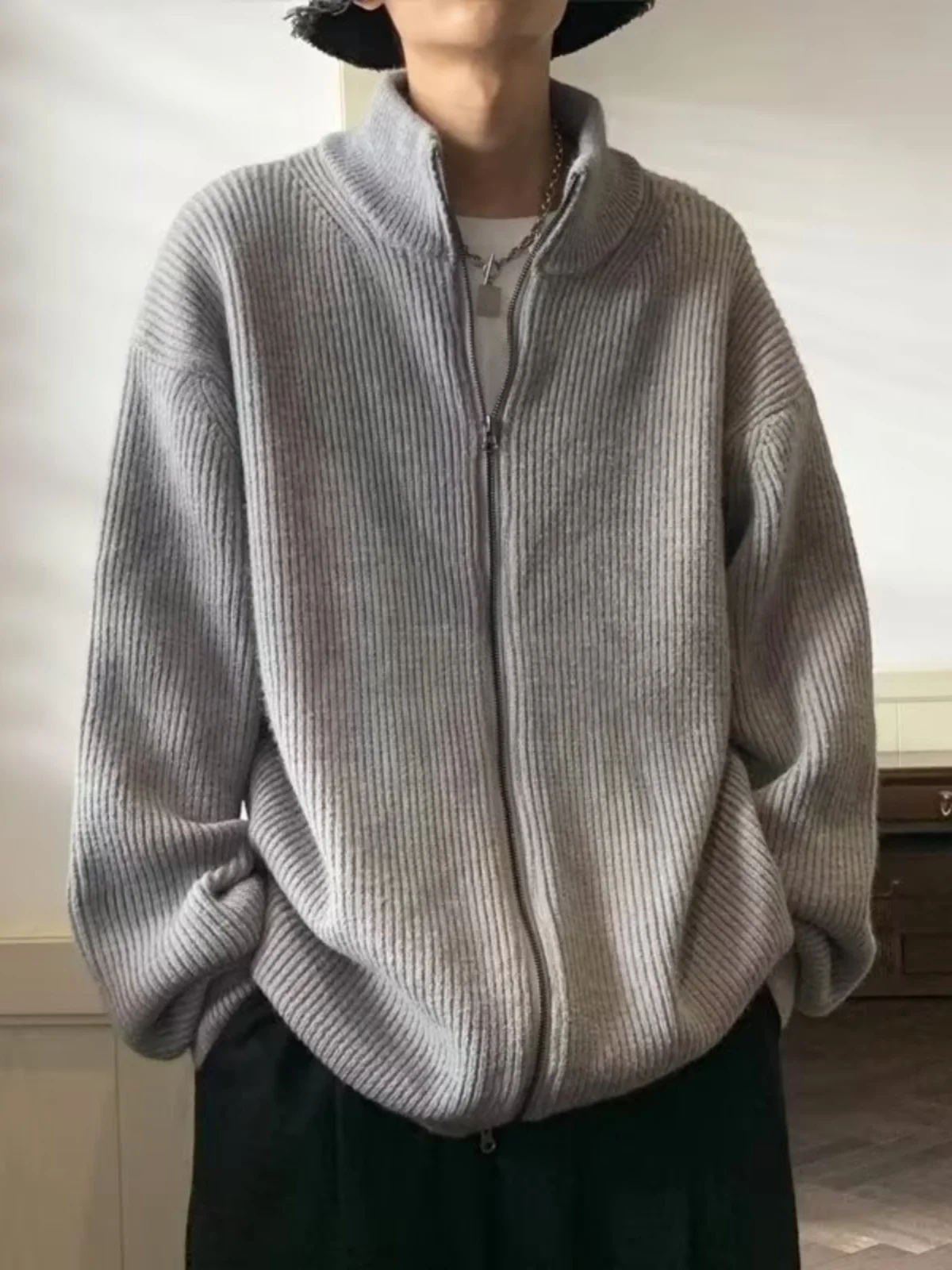 الرجال المفتوحة سترة سترة سستة تريكو فضفاض كسول Sle ملابس خارجية الخريف الشتاء اليابانية الرجعية طويلة Sve ألياف البوليستر #3