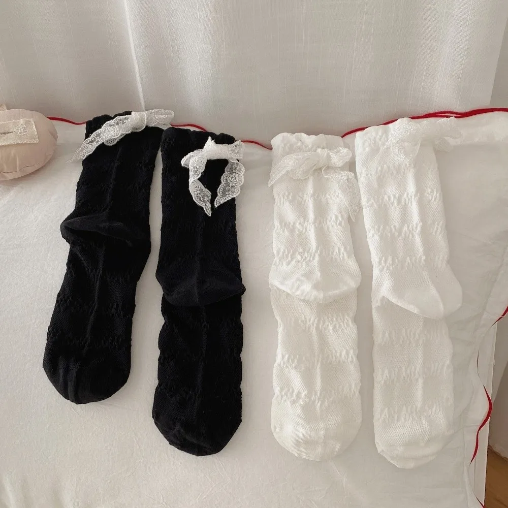

3Pairs Solid Color Ruffle Lace Bow Socks Thin Breathable Mid Tube Socks Female Hosiery Lolita Sweet Socks Women Lady