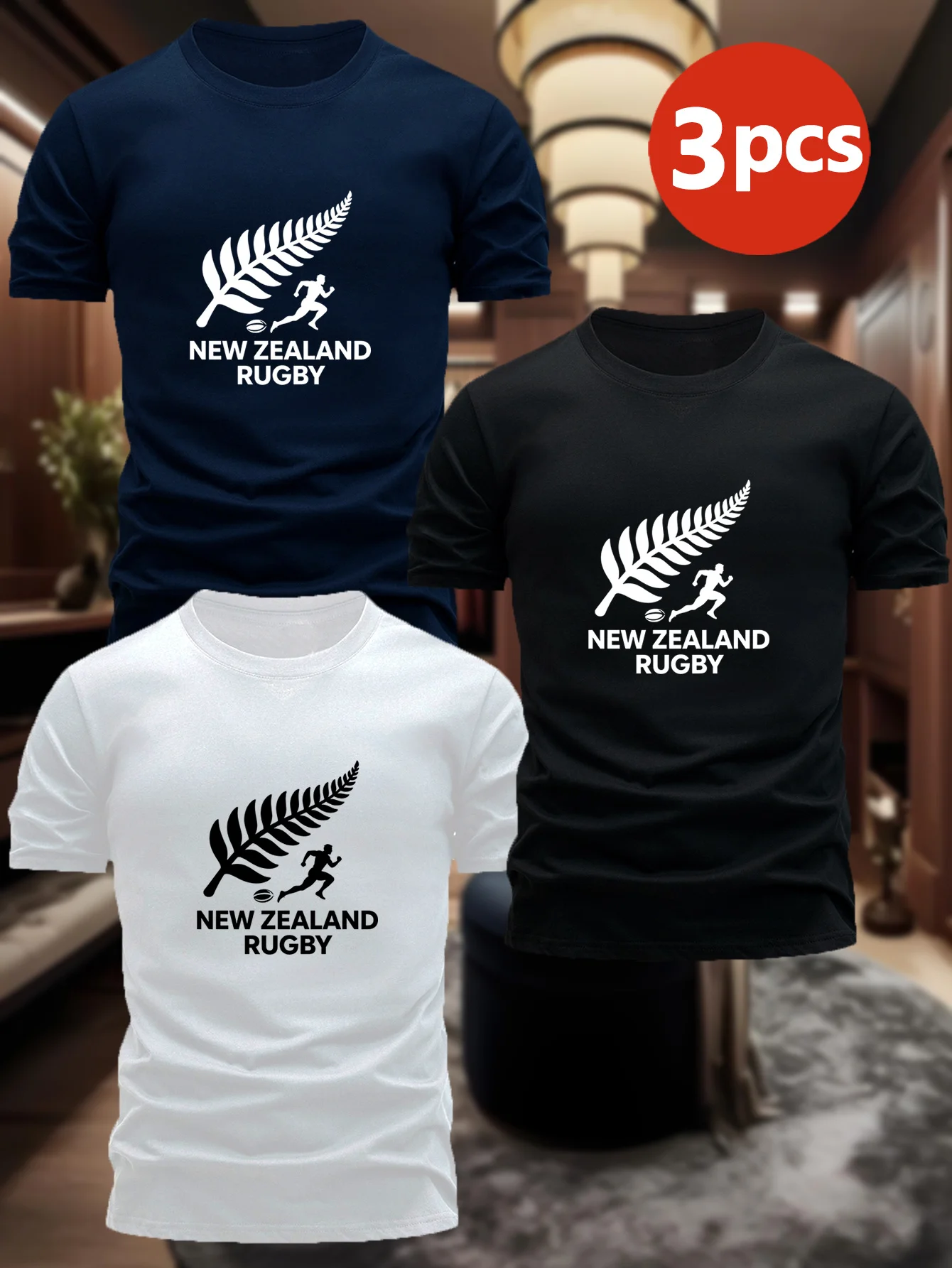 

[3-Pack] New Zealand Rugby Theme Men's Cotton Short Sleeve T-Shirt, Classic Silhouette Design, Simple and Generous Print Style