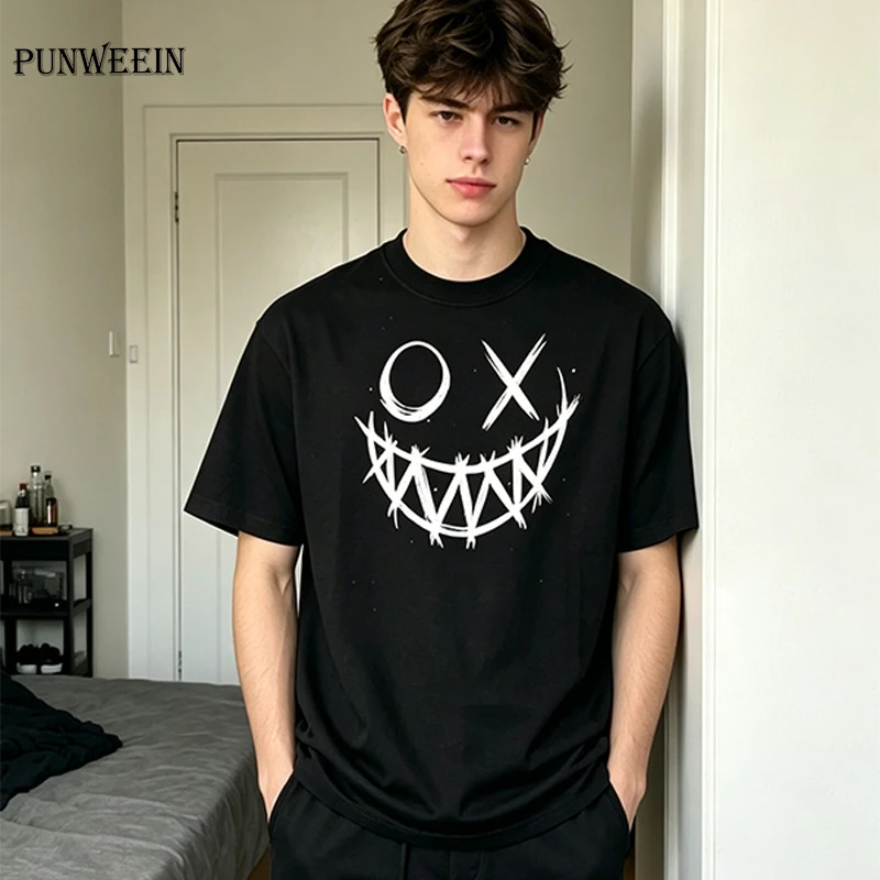 Y2K Oversized Gothic Smiley Face Pattern Top Aesthetic Streetwear Hip Hop Tee Fashion Cotton Fabric Leisure Pullover T Shirt