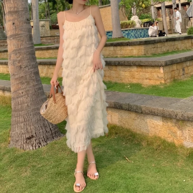 Bohemian Tank Dress Women's Loose-Fit French Riviera Vacation Beach Elegant Long Dress Summer 2024 New Style