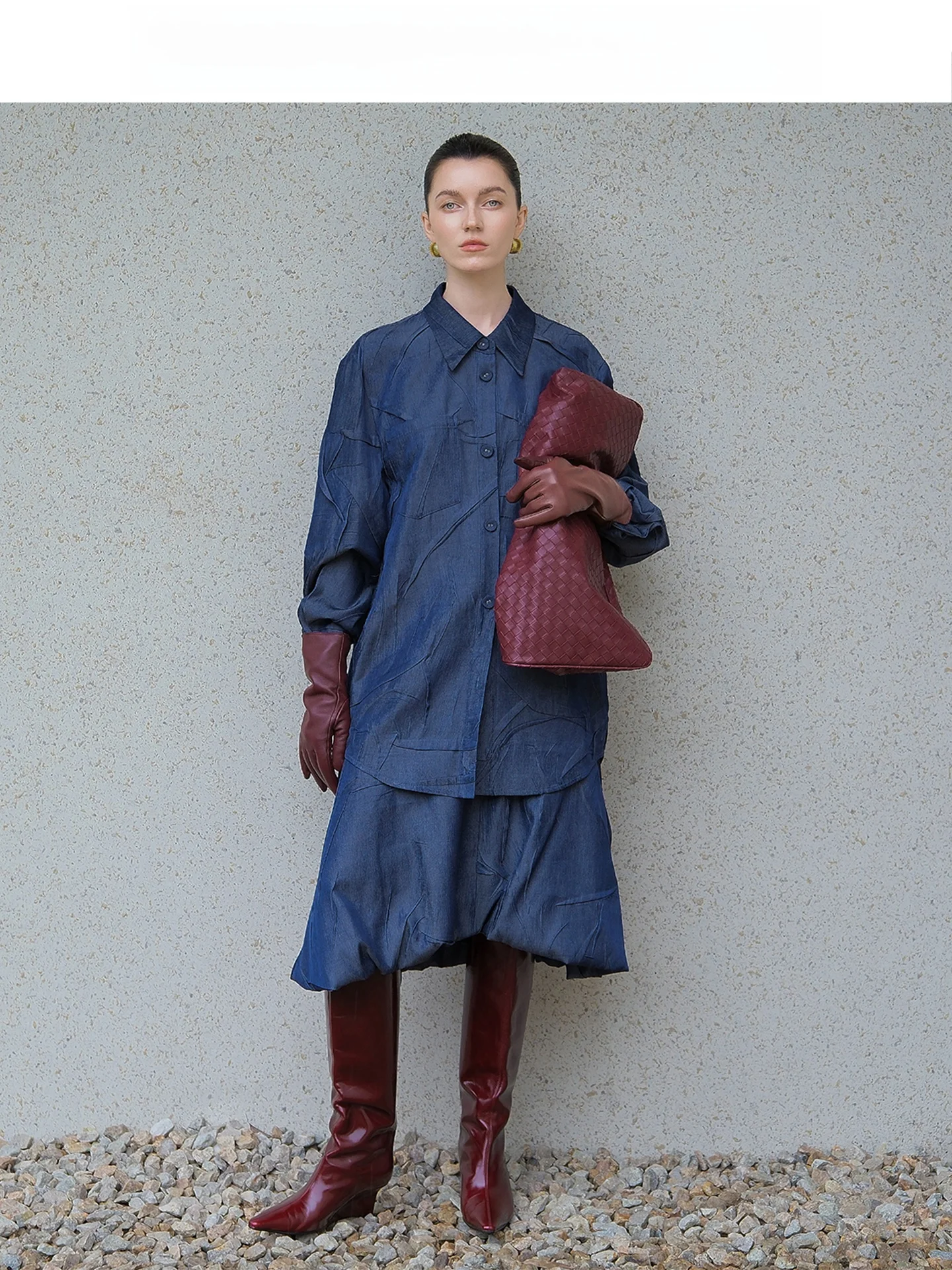 

Audrey Wang Denim Folded Loose Women's irt Autumn New Sle Faion Design Cotton Polyester Blend Long Sve Casual Top