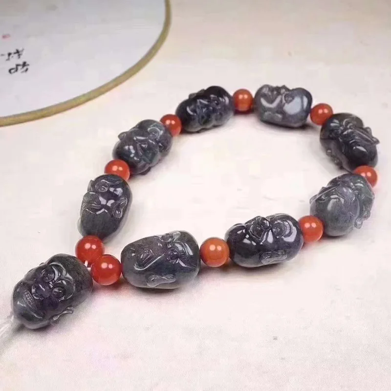 

Natural Hetian Jadeite Chain Blue And White Seed Material Jade Model Luo Han Handheld